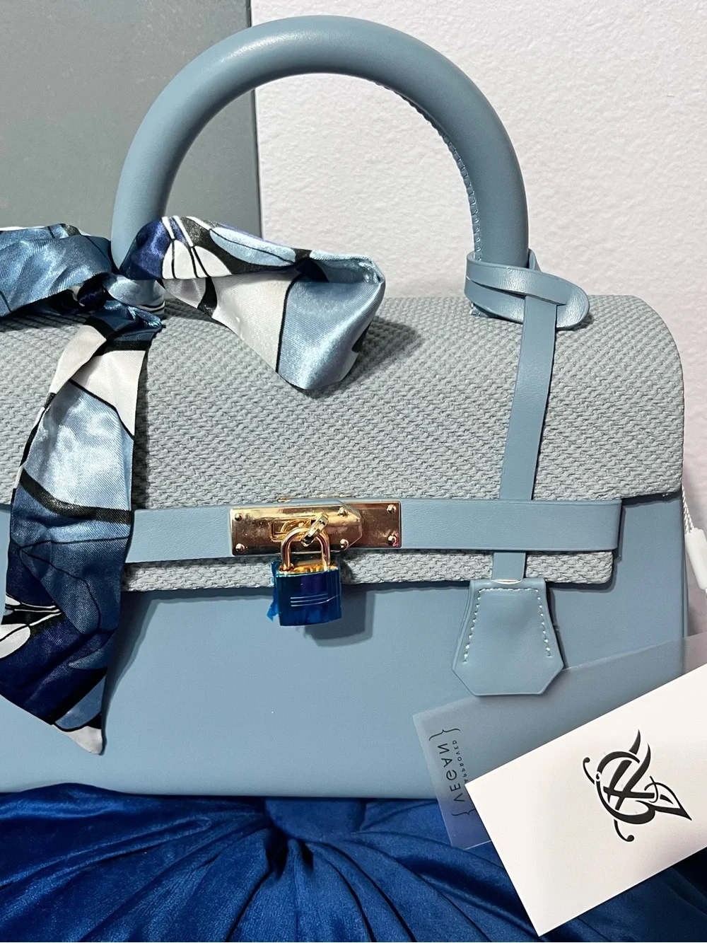 Elegant Light Blue Top-Handle Satchel with Scarf Accent and Matching Wallet